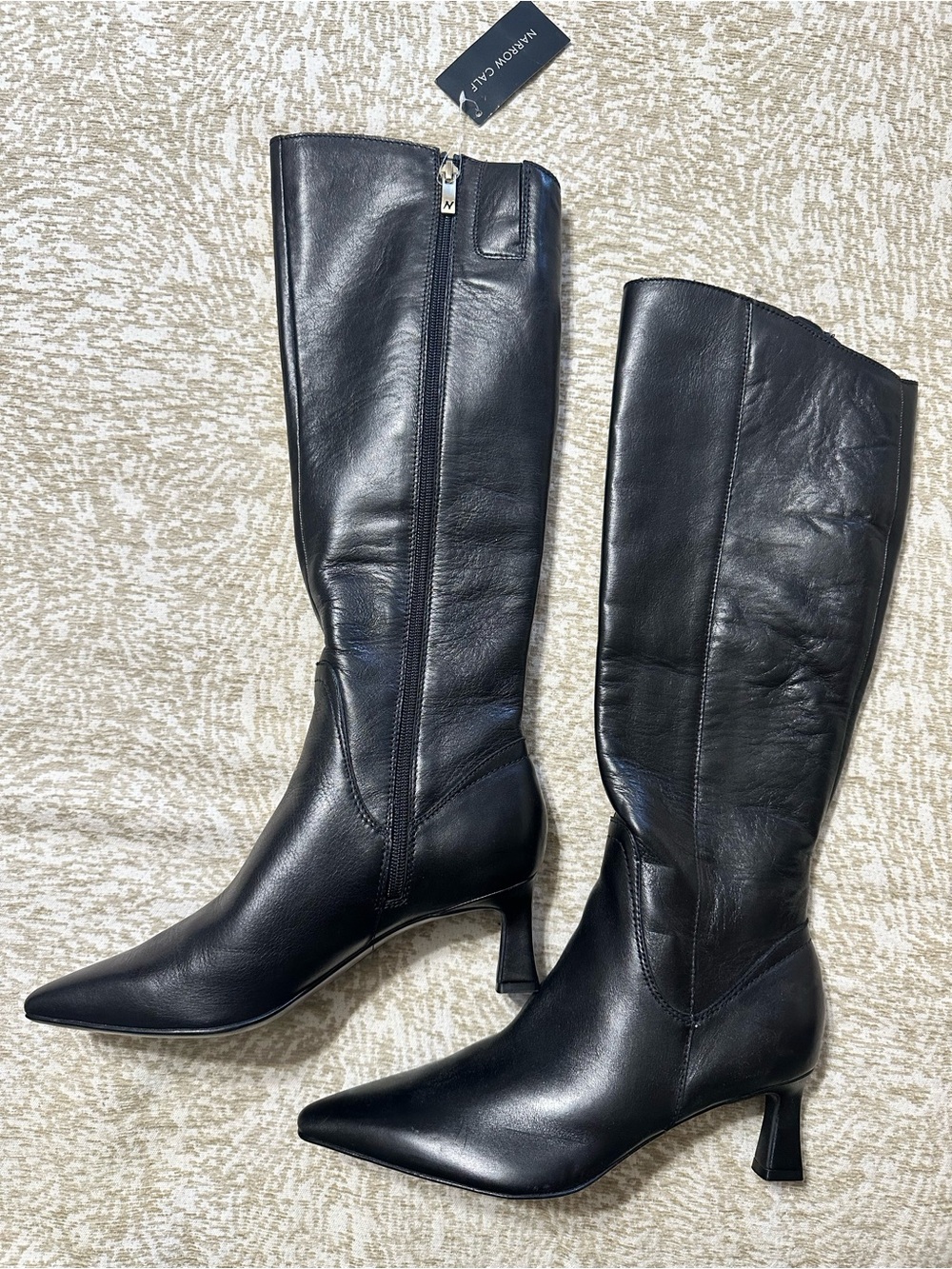 Naturalizer Black Leather Knee-High Pointed Toe Boots with Sculpted Heel